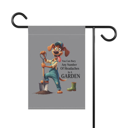 Dog Theme House Flag Printify garden flag showing cartoon dog digging with shovel and green rain boot on gray background
