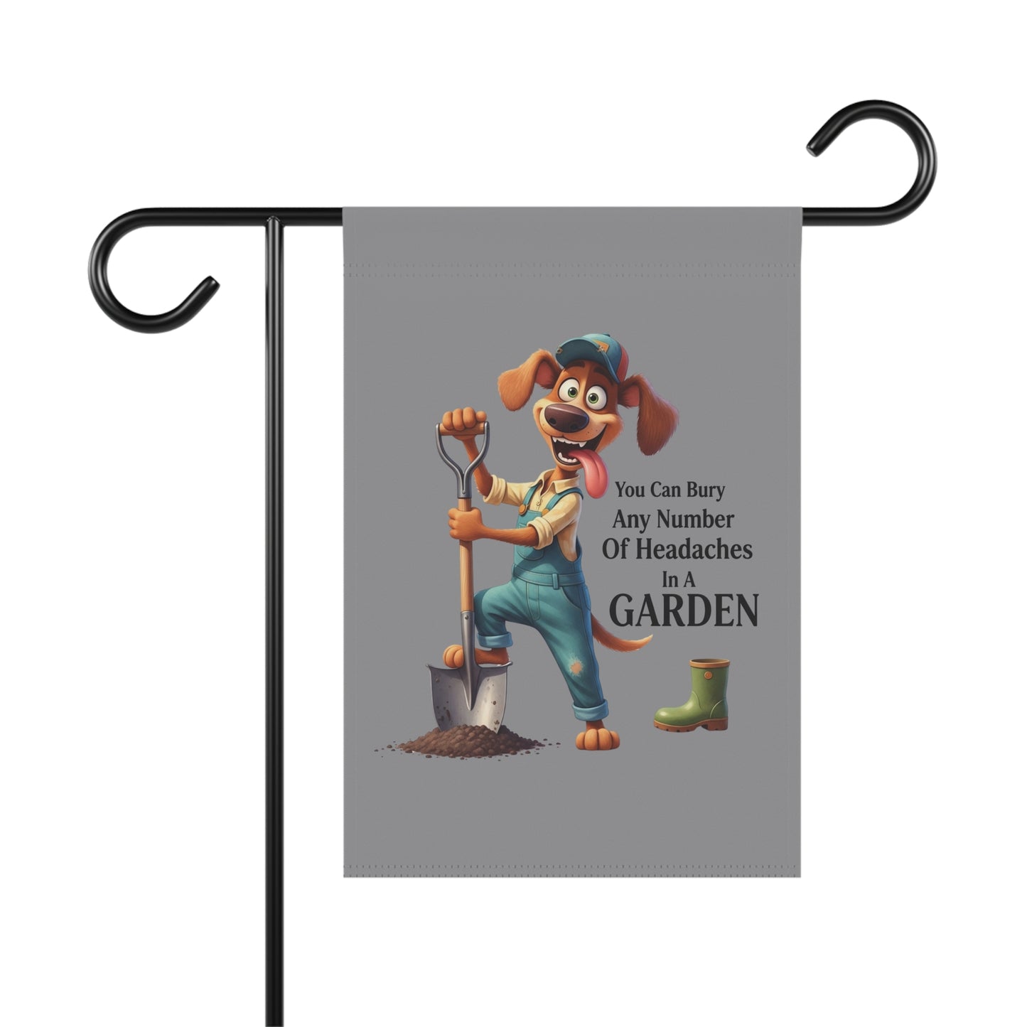 Dog Theme House Flag featuring a cartoon dog gardener with shovel planting in a garden and humorous quote on gray background