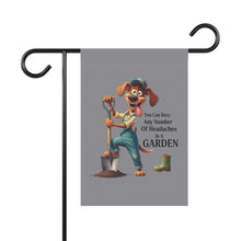 Dog Theme House Flag featuring a cartoon dog gardener with shovel planting in a garden and humorous quote on gray background