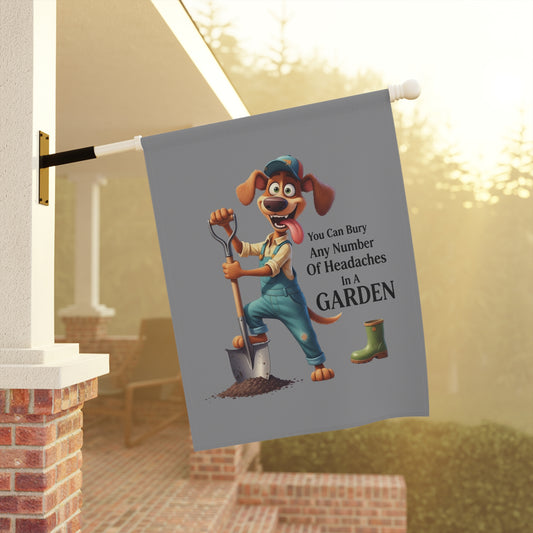 Dog Theme House Flag showing cartoon dog gardener digging with shovel and garden quote mounted on porch