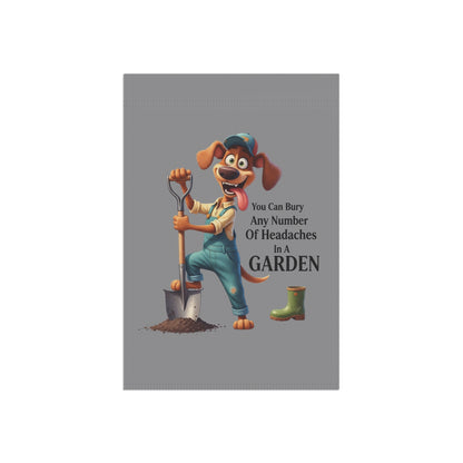 Dog Theme House Flag featuring cartoon dog gardener with shovel soil boot and humorous garden quote