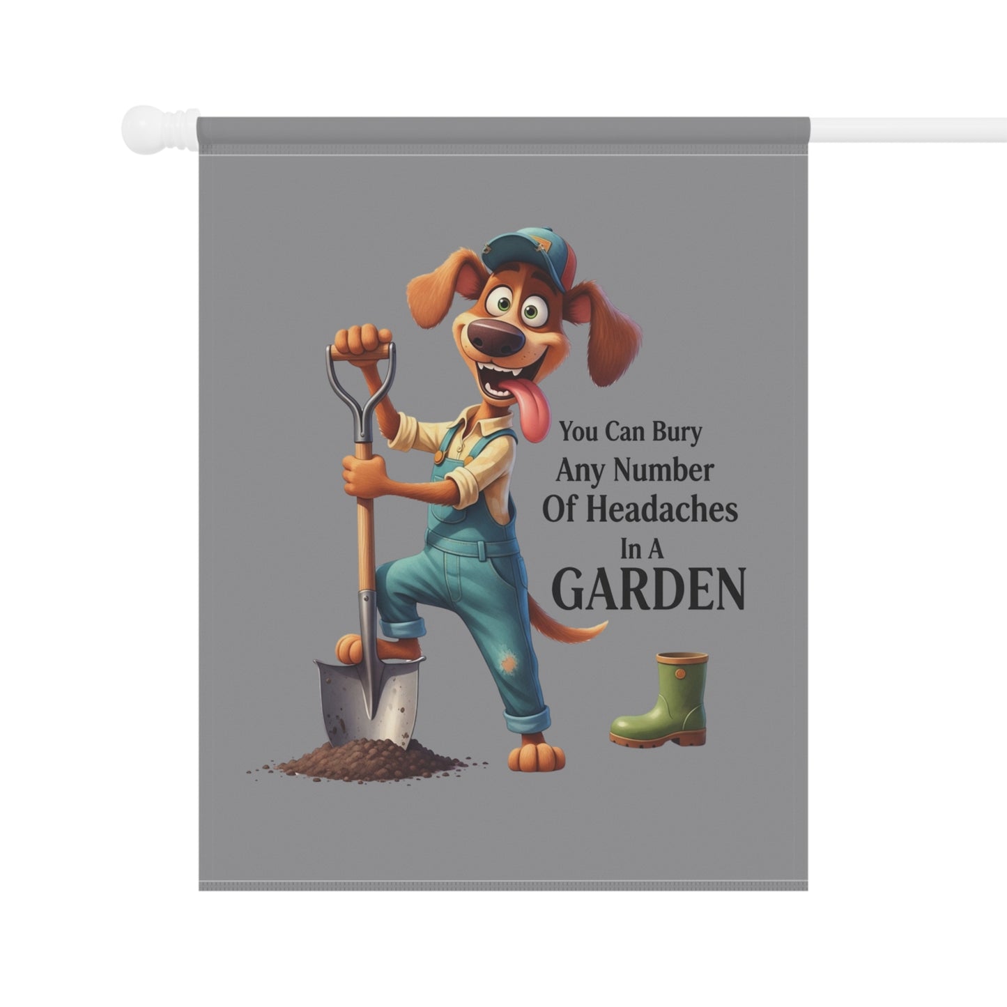 Printify Dog Theme House Flag with cheerful cartoon dog in overalls holding a shovel and gardening quote