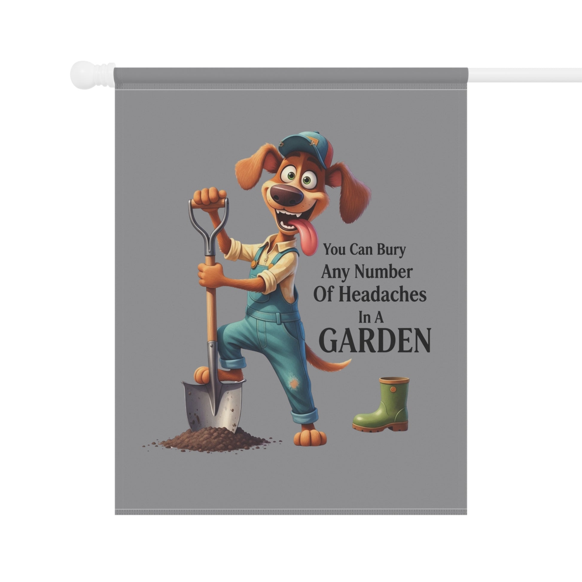Printify Dog Theme House Flag with cheerful cartoon dog in overalls holding a shovel and gardening quote