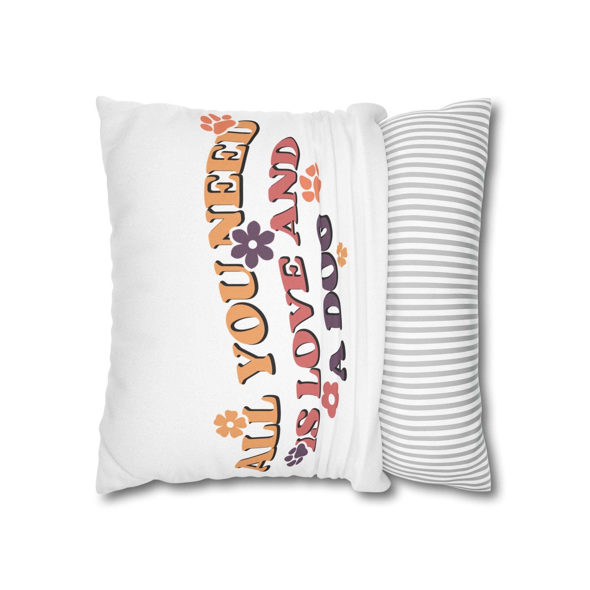 Cozy Throw Pillow Printify white pillow with retro All You Need Is Love And A Dog design with paw prints and striped back