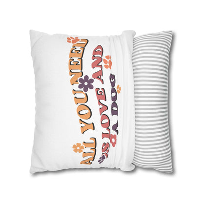 Cozy Throw Pillow white with retro floral and paw print All You Need Is Love And A Dog design and striped back