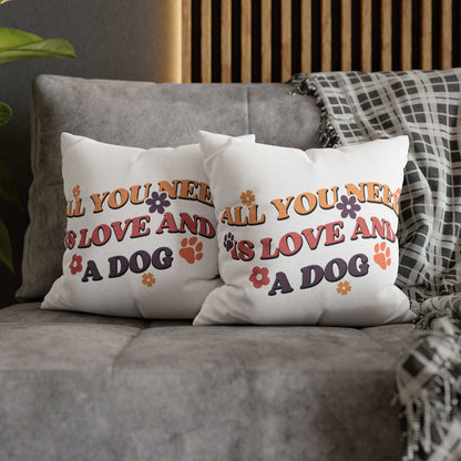 Cozy Throw Pillow pair with retro All You Need Is Love And A Dog print paw prints and flowers on gray sofa