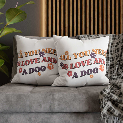 Cozy Throw Pillow pair on gray sofa with retro All You Need Is Love And A Dog print and paw accents