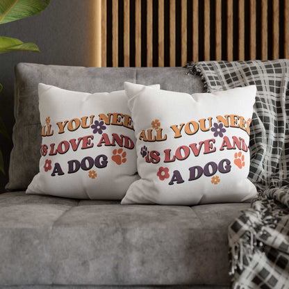 Cozy Throw Pillow pair on gray sofa featuring retro All You Need Is Love And A Dog print with paw prints and flowers