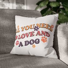 Printify Cozy Throw Pillow featuring retro All You Need Is Love And A Dog print with paw prints on couch