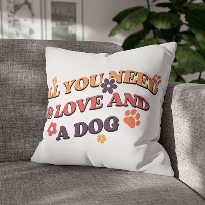 Cozy Throw Pillow white square with retro All you need is love and a dog design paw prints and flowers on gray sofa
