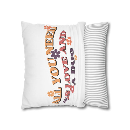 Printify Cozy Throw Pillow white square with retro floral and paw print All You Need Is Love and a Dog design and gray striped
