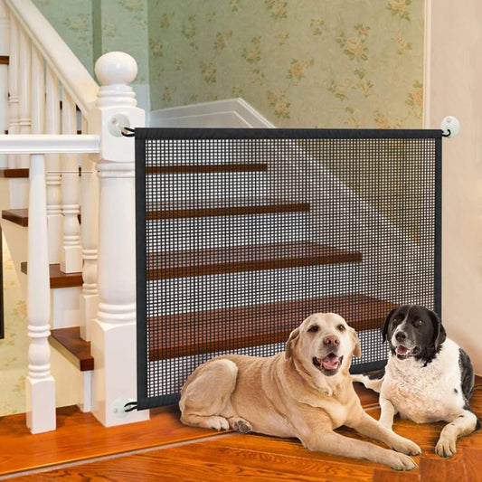 Purrfect Pet Haven pet safety stair gate black mesh mounted on white banister blocking stairs with two dogs