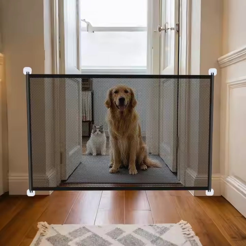 Purrfect Pet Haven pet safety stair gate mesh barrier in hallway blocking a golden retriever and cat