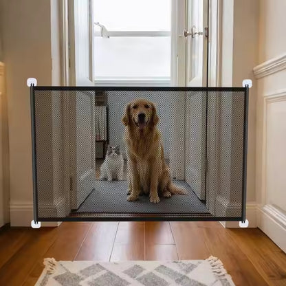 Purrfect Pet Haven pet safety stair gate mesh barrier in hallway blocking a golden retriever and cat