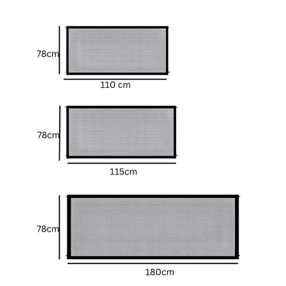 Purrfect Pet Haven pet safety stair gate mesh panels shown in three widths 110 cm 115 cm 180 cm