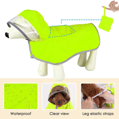 Hooded Dog Rain Jacket in bright yellow with waterproof material and adjustable leg elastic straps