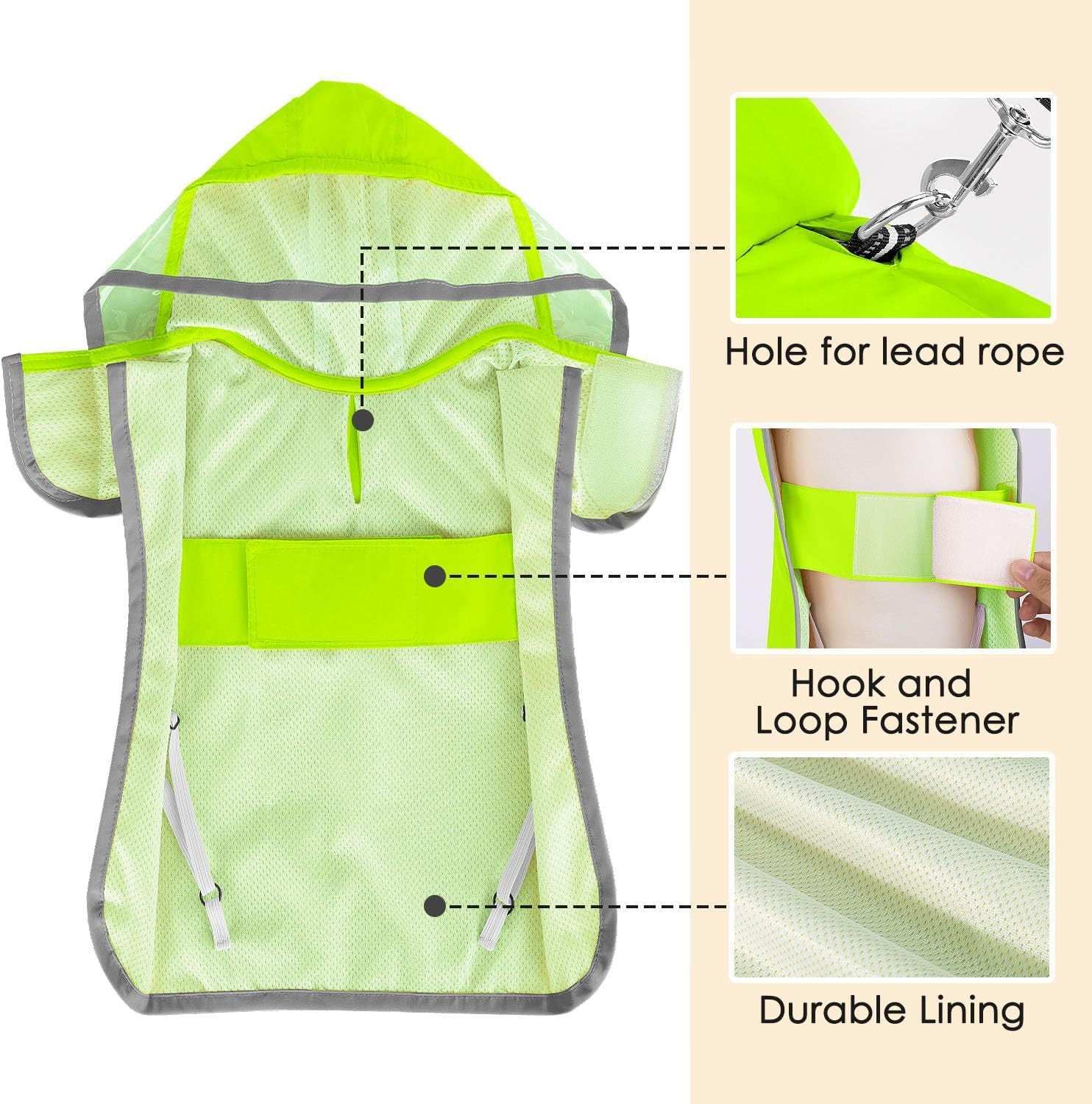 Hooded Dog Rain Jacket in bright green with lead rope hole and durable lining for wet weather protection