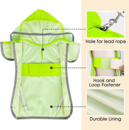 Hooded Dog Rain Jacket in bright green with lead rope hole and durable lining for wet weather protection