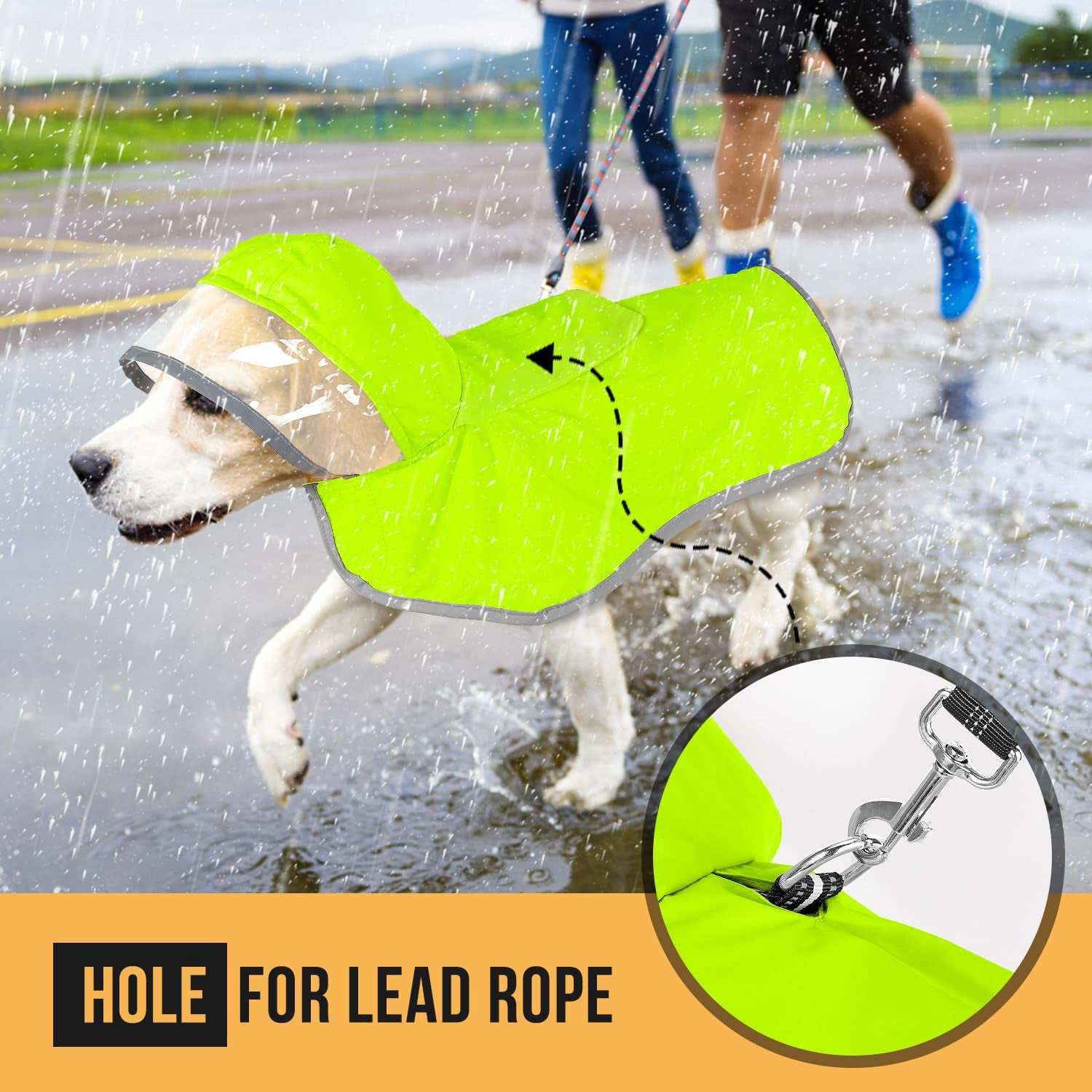 Hooded Dog Rain Jacket in bright yellow with a hole for lead rope for rainy day walks