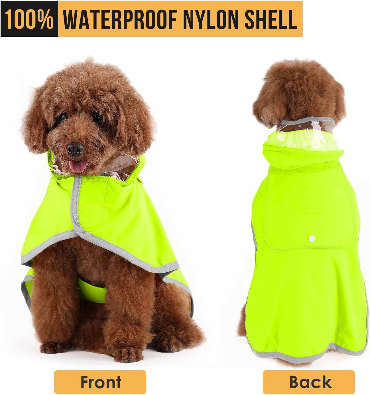 Hooded Dog Rain Jacket in bright yellow with waterproof nylon shell and reflective trim