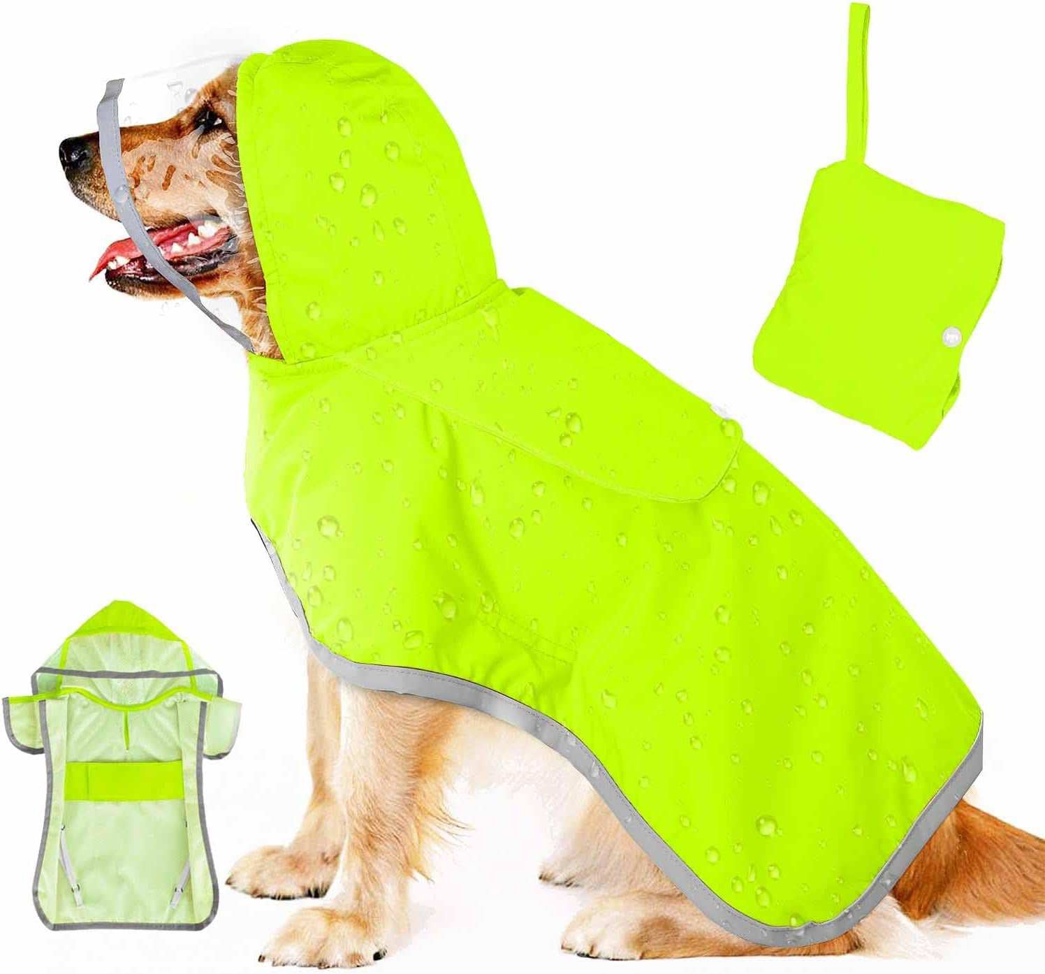 Hooded Dog Rain Jacket in Bright Yellow with Waterproof Fabric for Wet Weather Protection