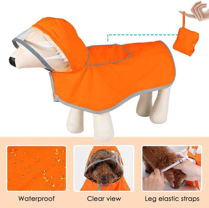 Bright orange Hooded Dog Rain Jacket with waterproof material and adjustable leg straps for pets
