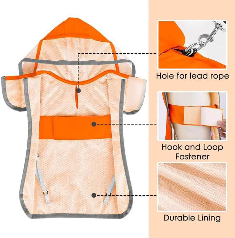 Hooded Dog Rain Jacket with lead rope hole, hook and loop fastener, and durable lining for pet comfort