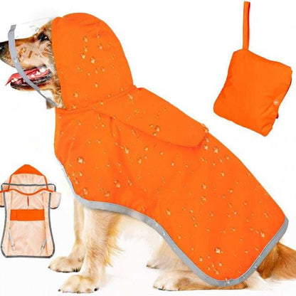 Hooded Dog Rain Jacket in bright orange with waterproof material and reflective trim for pet safety