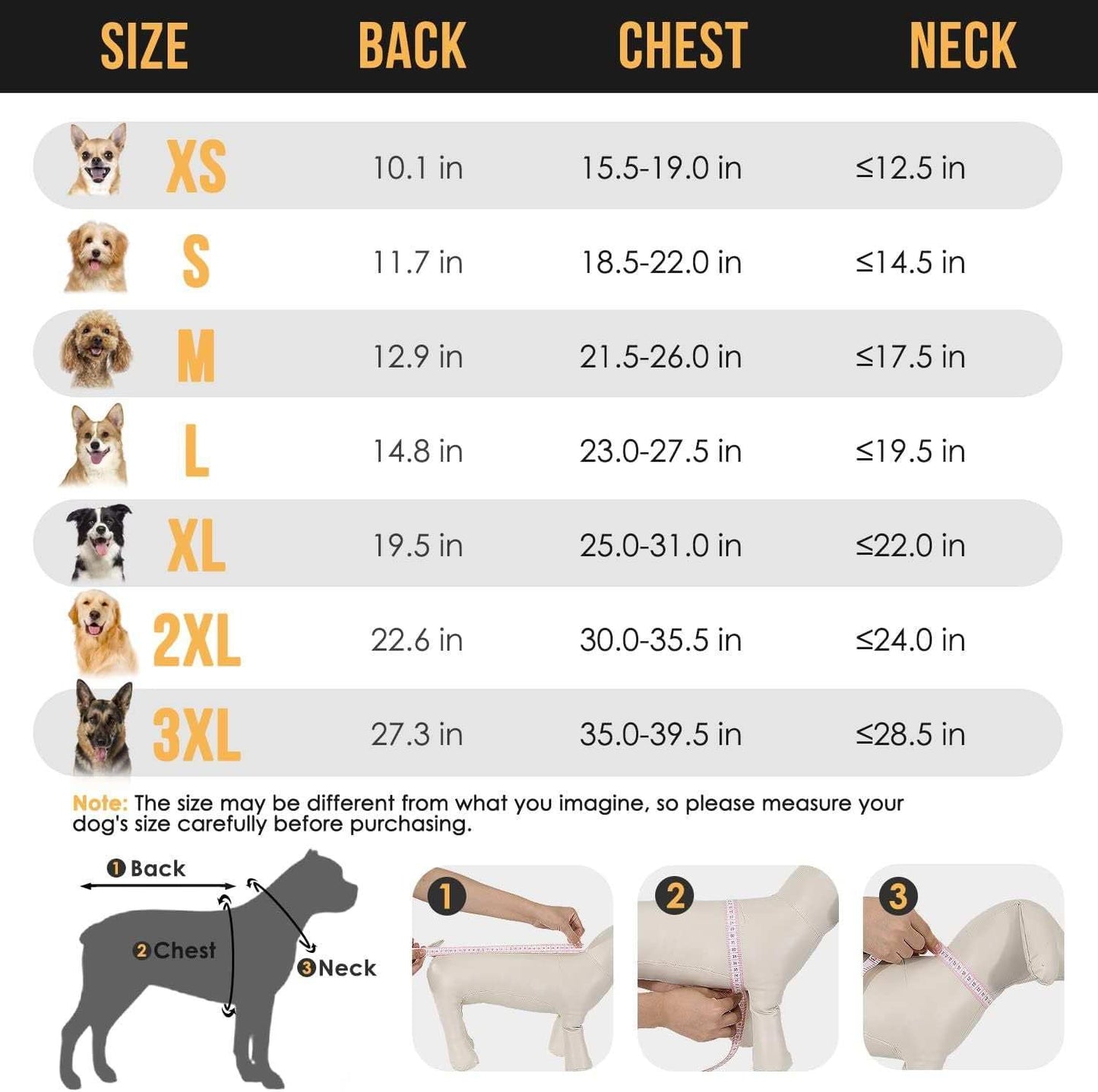 Size chart for Hooded Dog Rain Jacket with measurements for back, chest, and neck dimensions