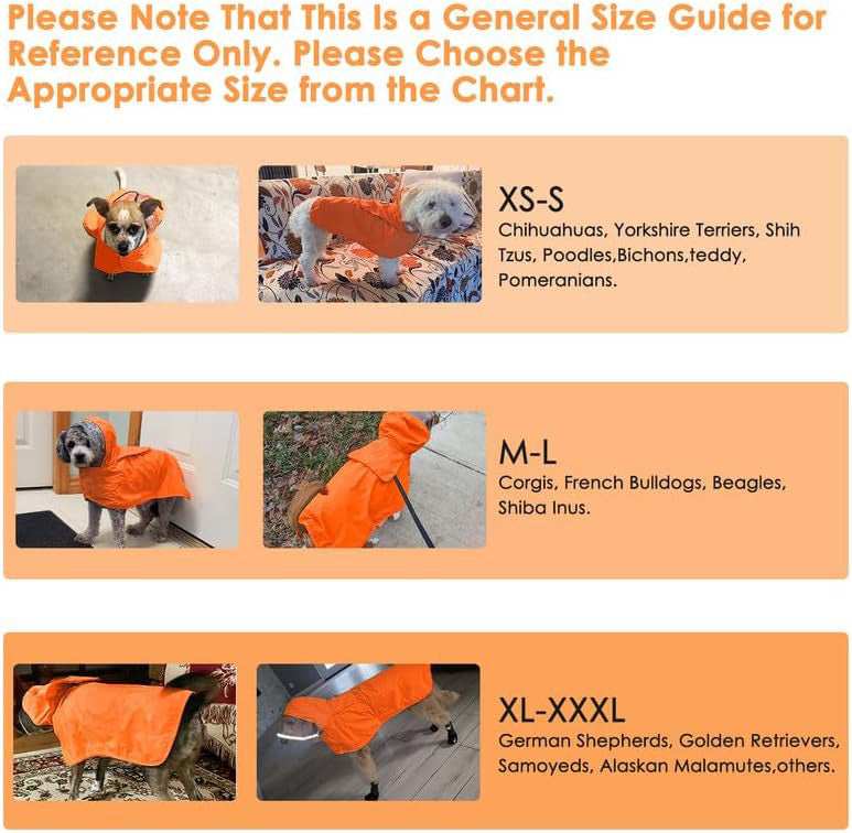 Size guide for Hooded Dog Rain Jacket suitable for various dog breeds and sizes