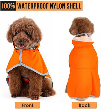Hooded Dog Rain Jacket in Orange with Waterproof Nylon Shell for Pet Protection in Rainy Weather