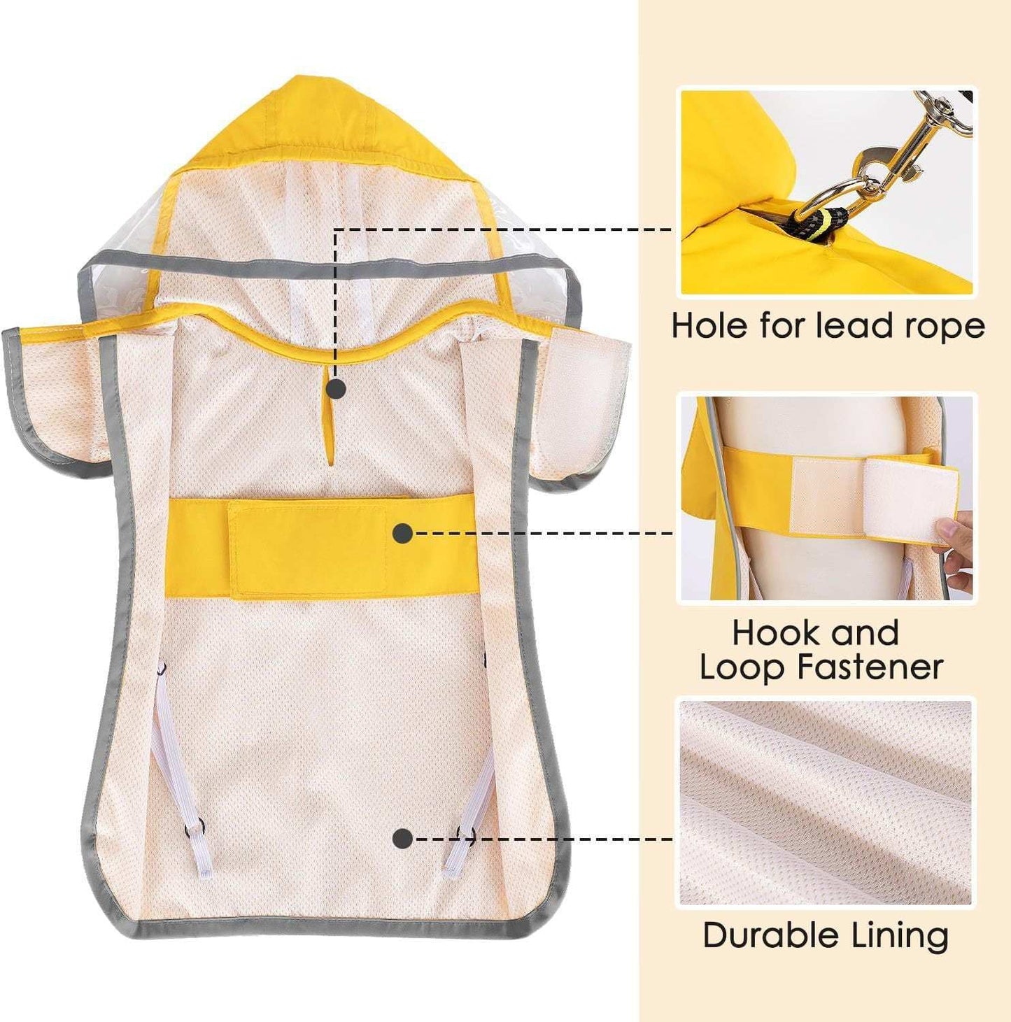 Hooded Dog Rain Jacket featuring a durable lining and adjustable hook and loop fastener for pet comfort