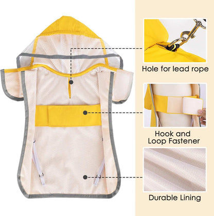Hooded Dog Rain Jacket featuring a durable lining and adjustable hook and loop fastener for pet comfort