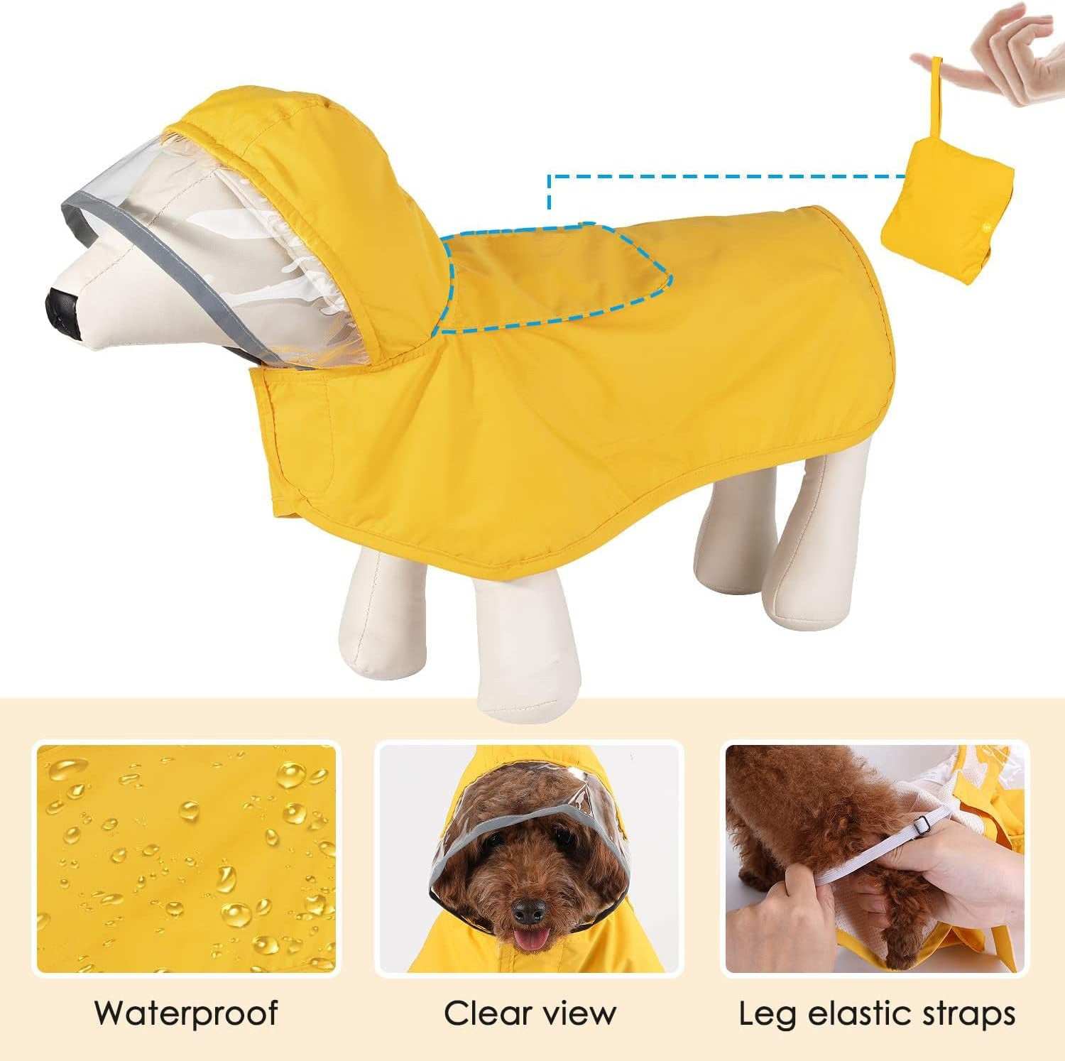 Hooded Dog Rain Jacket in bright yellow with waterproof design and adjustable leg elastic straps