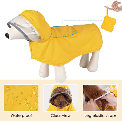 Hooded Dog Rain Jacket in bright yellow with waterproof design and adjustable leg elastic straps