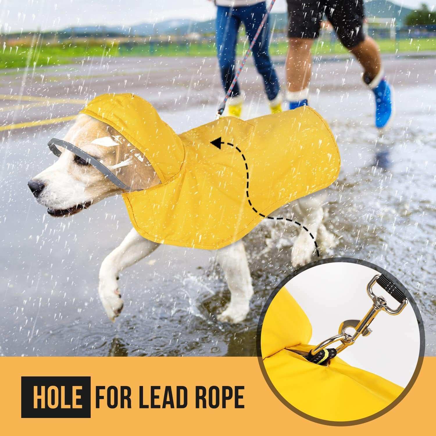 Hooded Dog Rain Jacket in bright yellow, perfect for keeping pets dry during rainy walks
