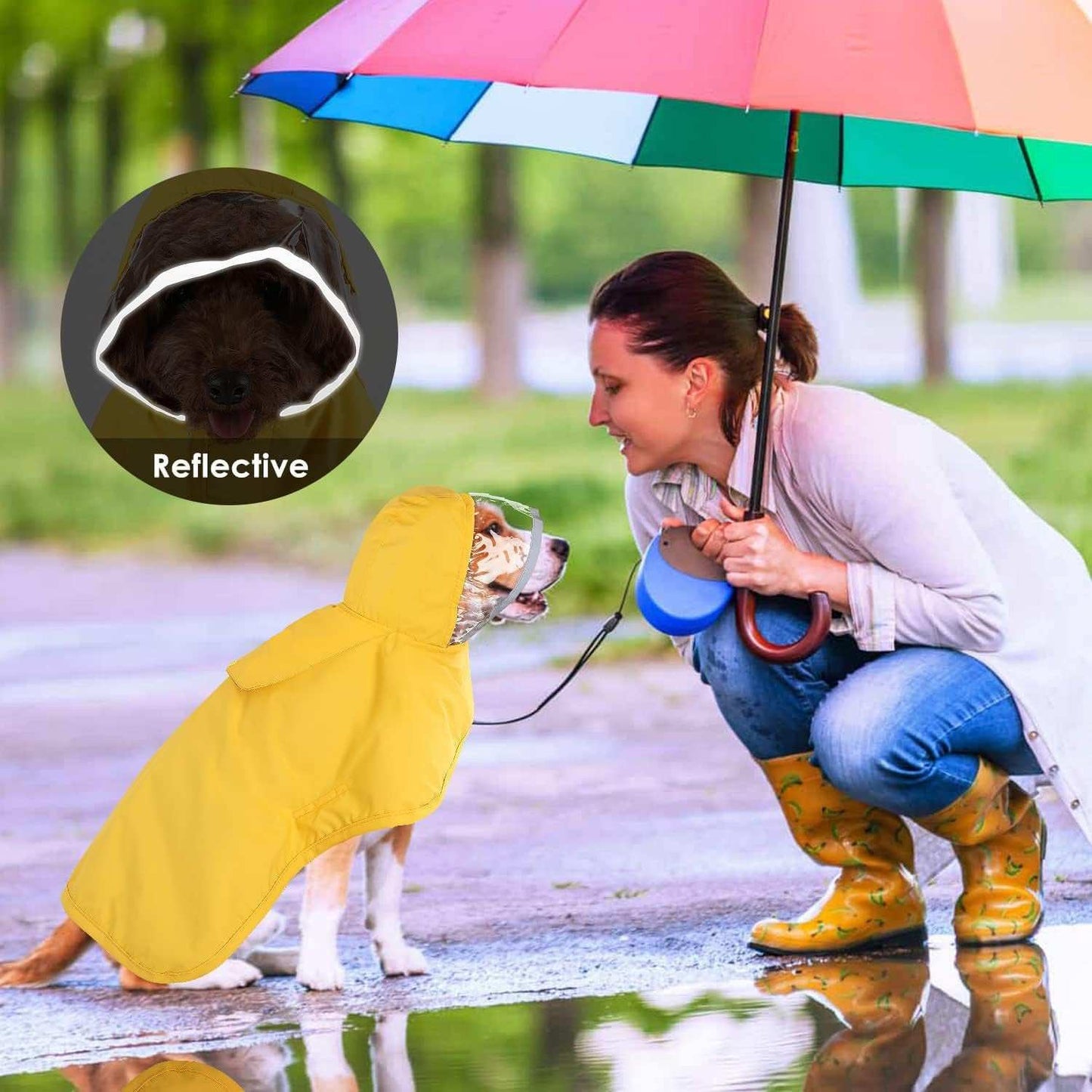 Hooded Dog Rain Jacket in Yellow with Reflective Trim for Visibility During Rainy Weather
