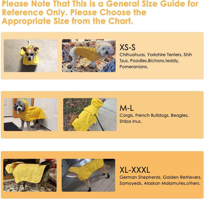 Small dogs in yellow Hooded Dog Rain Jacket showcasing size options for various breeds