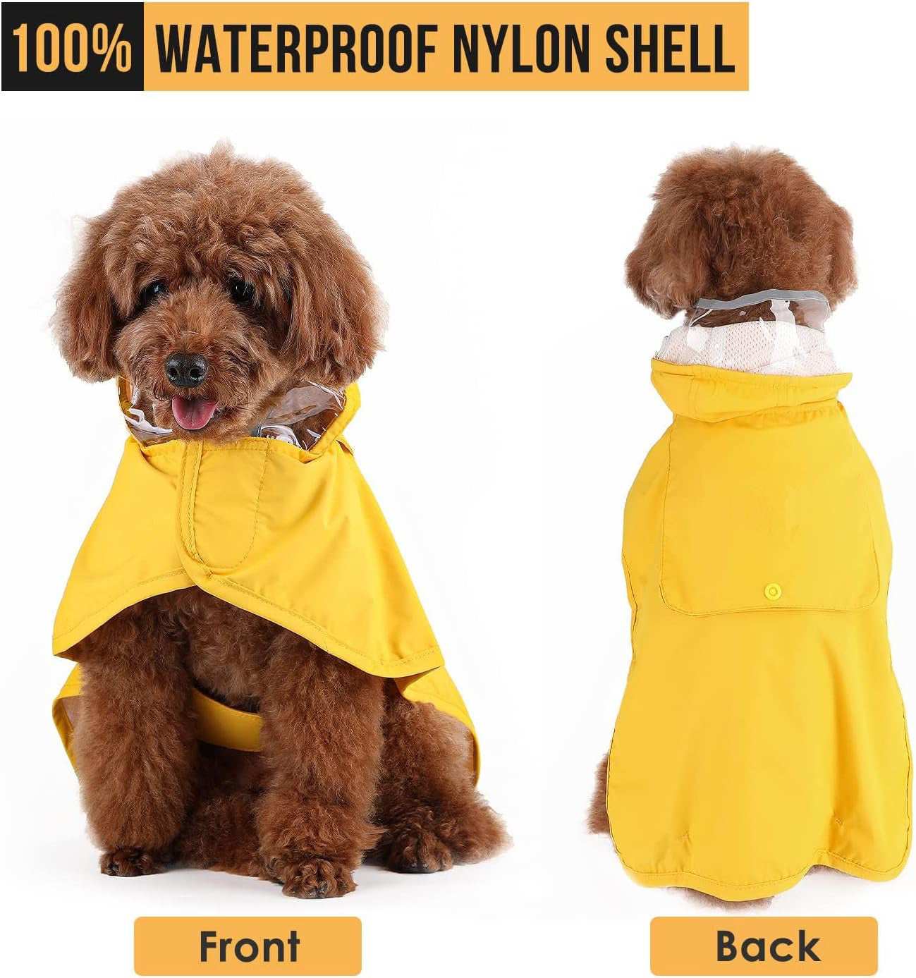 Hooded Dog Rain Jacket in yellow for rainy weather with a waterproof nylon shell