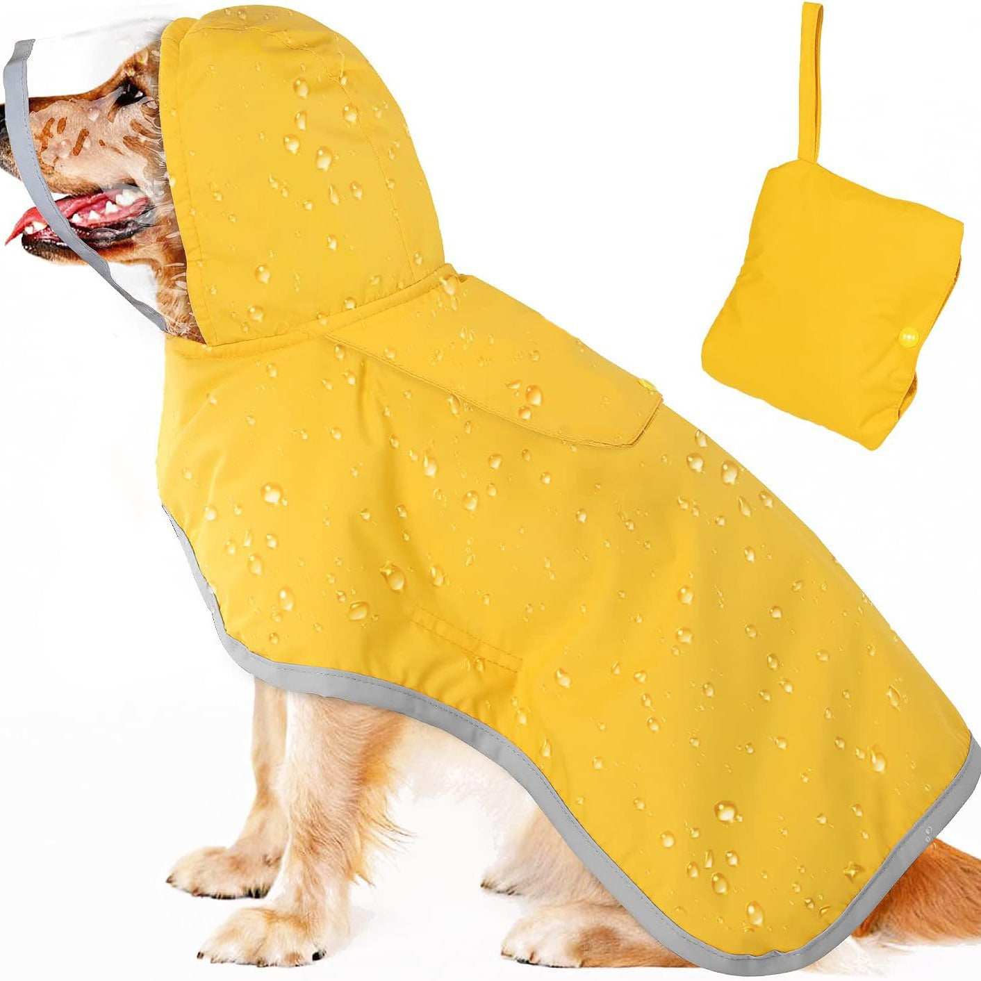 Hooded Dog Rain Jacket in yellow, waterproof with reflective trim for rainy day adventures