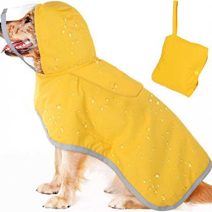 Hooded Dog Rain Jacket in yellow, waterproof with reflective trim for rainy day adventures
