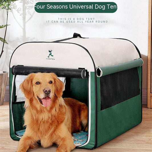 Dropshipman large dog kennel house portable green and beige four seasons dog tent with mesh windows and golden retriever inside