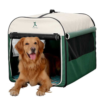 Golden retriever resting in green and cream large dog kennel house with mesh windows and roll up front door
