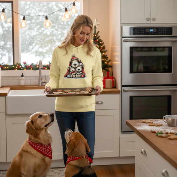 Huddled Whimsy Pups Christmas Hoodie - Butter