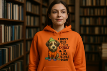 Woman in Bookstore Wearing No Energy Hoodie