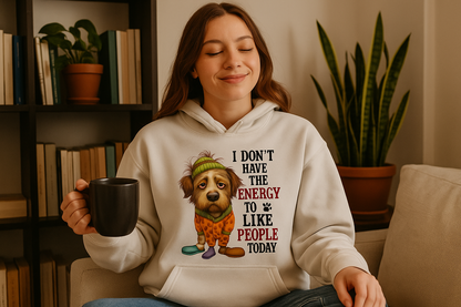 Woman at Home in No Energy Hoodie