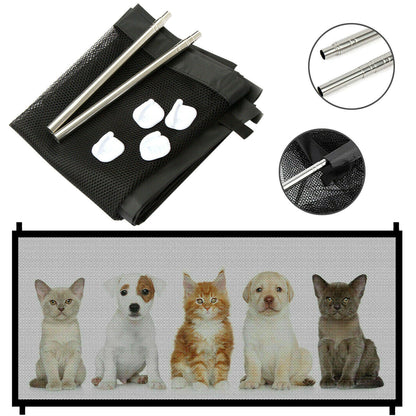 Wefulfil magic pet safety gate black mesh panel with stainless steel poles and adhesive hooks shown with five puppies and kittens