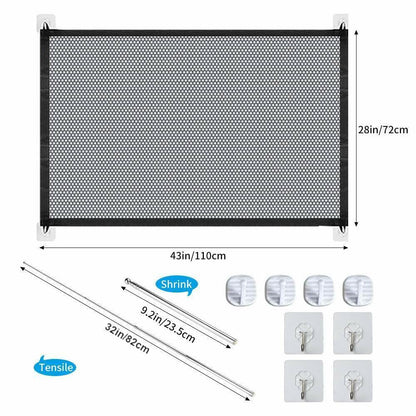 Wefulfil magic pet safety gate black mesh 43 by 28 inches with tension rods adhesive wall hooks retractable design
