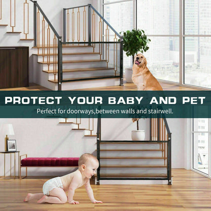 Wefulfil magic pet safety gate installed at stair protecting crawling baby and seated dog by window