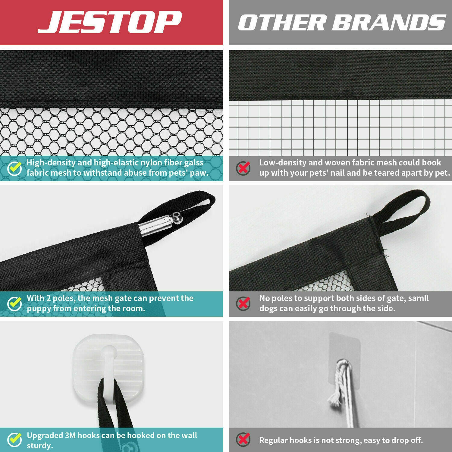 Wefulfil magic pet safety gate comparison showing durable mesh dual poles and upgraded 3M wall hooks